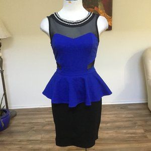 Casual Cocktail Illusion Neck Short Dress Peplum Flared Pearls Party Blue M